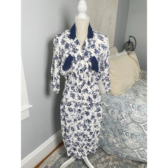 Vintage 80s Midi Shirt Dress Navy Floral Old Money Natutical Cottagecore Prep 12 - Picture 1 of 16